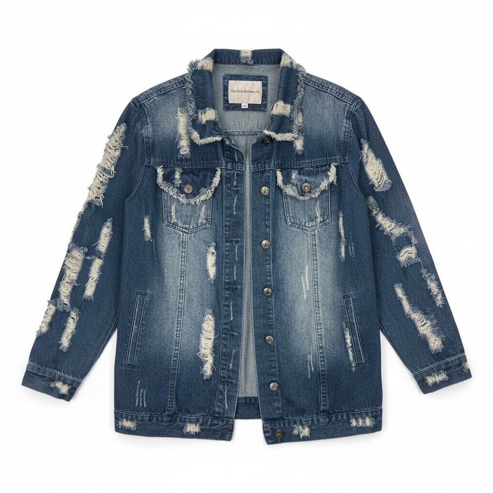 THE STYLE BETWEEN US Women's GOOD VIBES ONLY Denim Jacket DISTRESSED Size L/XL